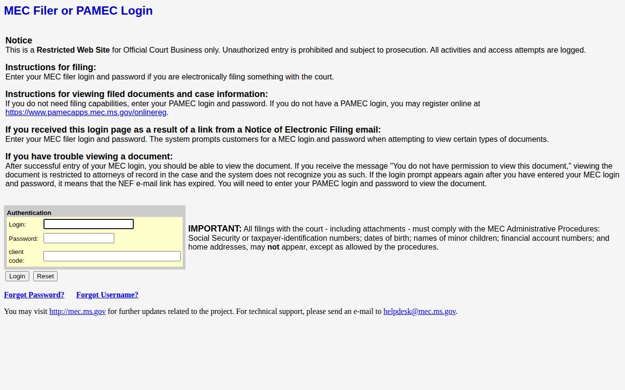 Clarke County court release record PAMEC access screen